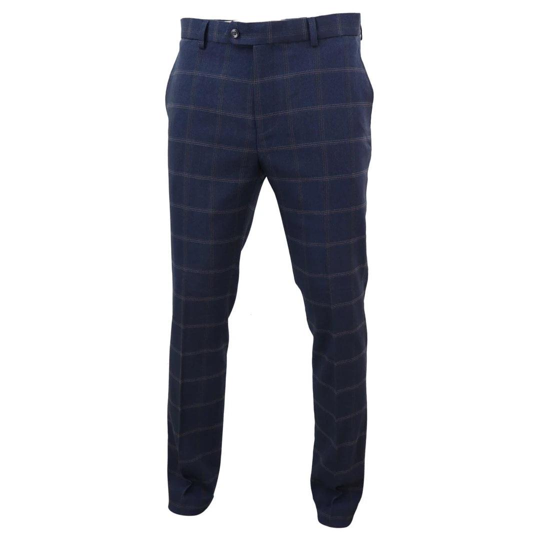 Mens Tweed Check Herringbone Blue Navy Tailored Fit Trousers Regular Length Blinders - Knighthood Store