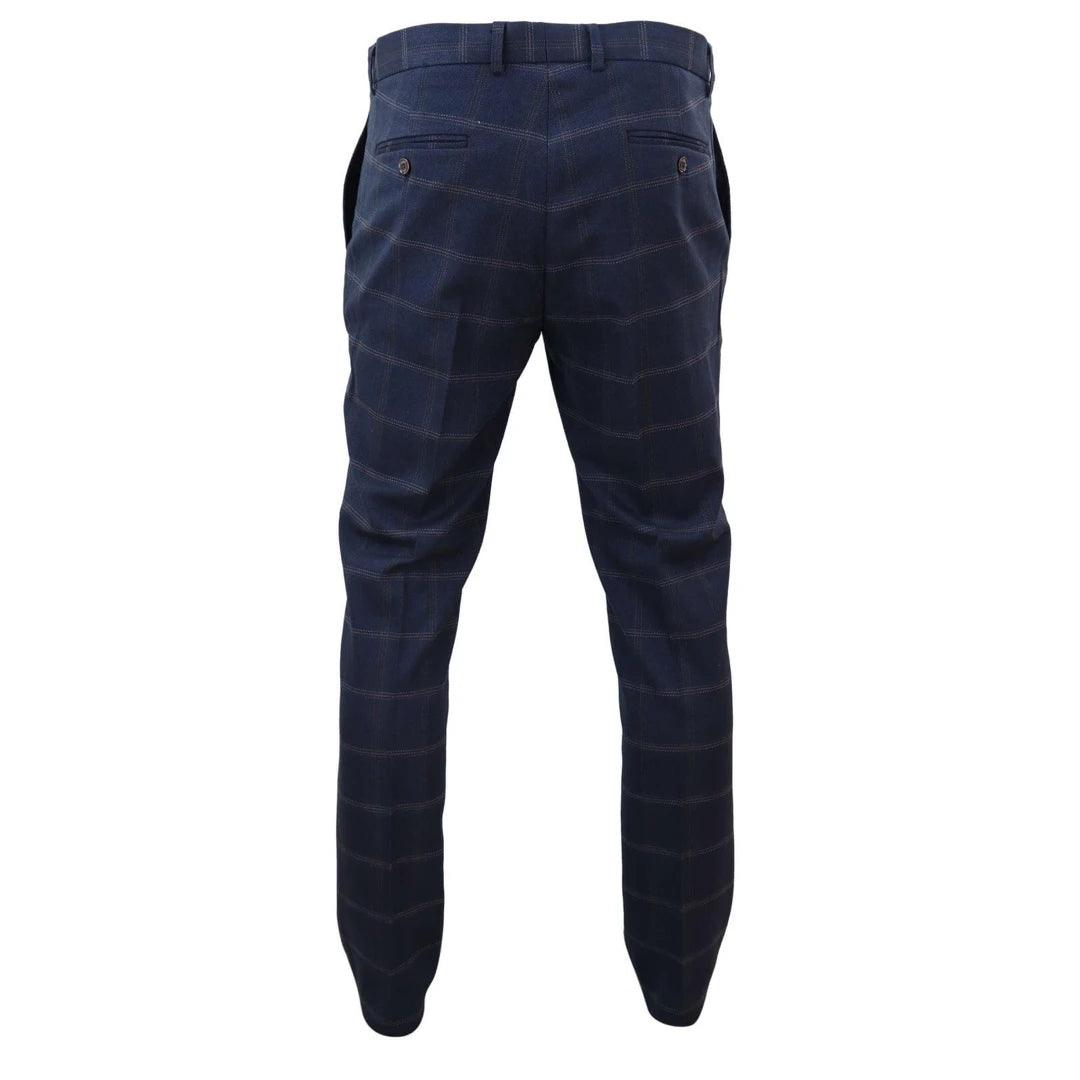 Mens Tweed Check Herringbone Blue Navy Tailored Fit Trousers Regular Length Blinders - Knighthood Store