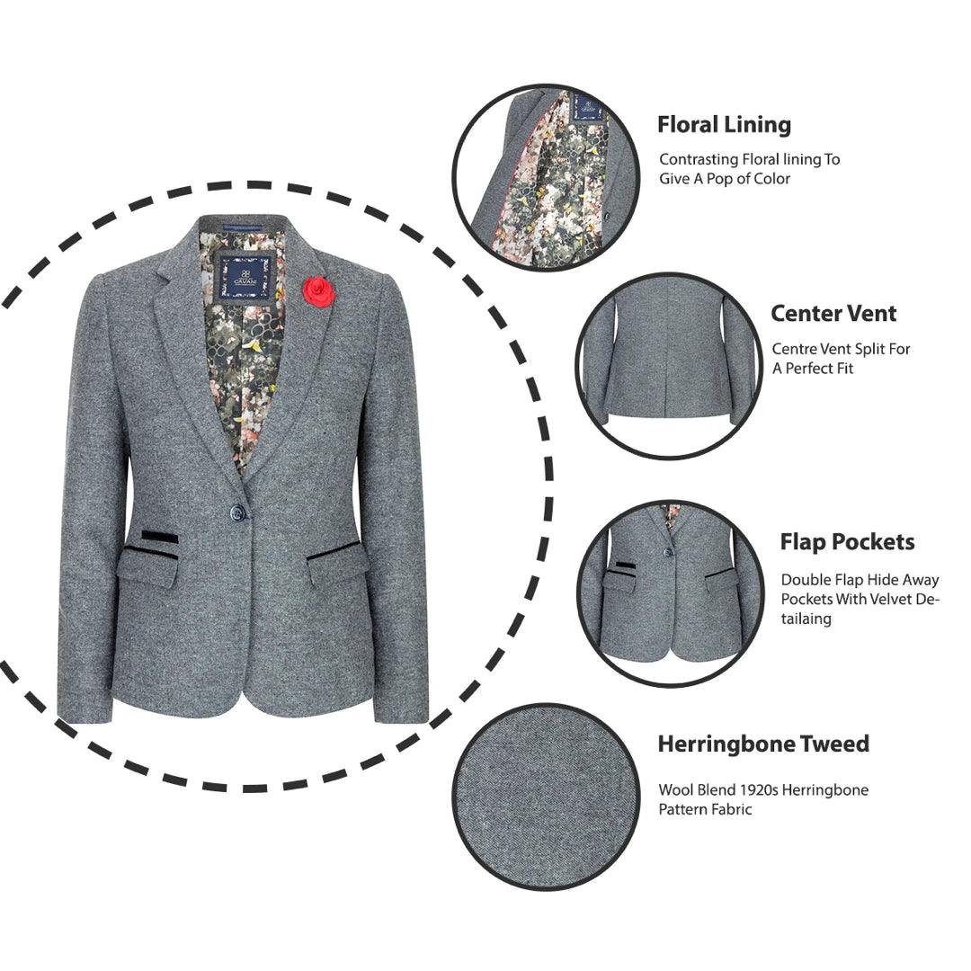 Women Grey Herringbone Blazer Tweed Check 1920's Gatsby Blinders Tailored Fit Vintage - Knighthood Store
