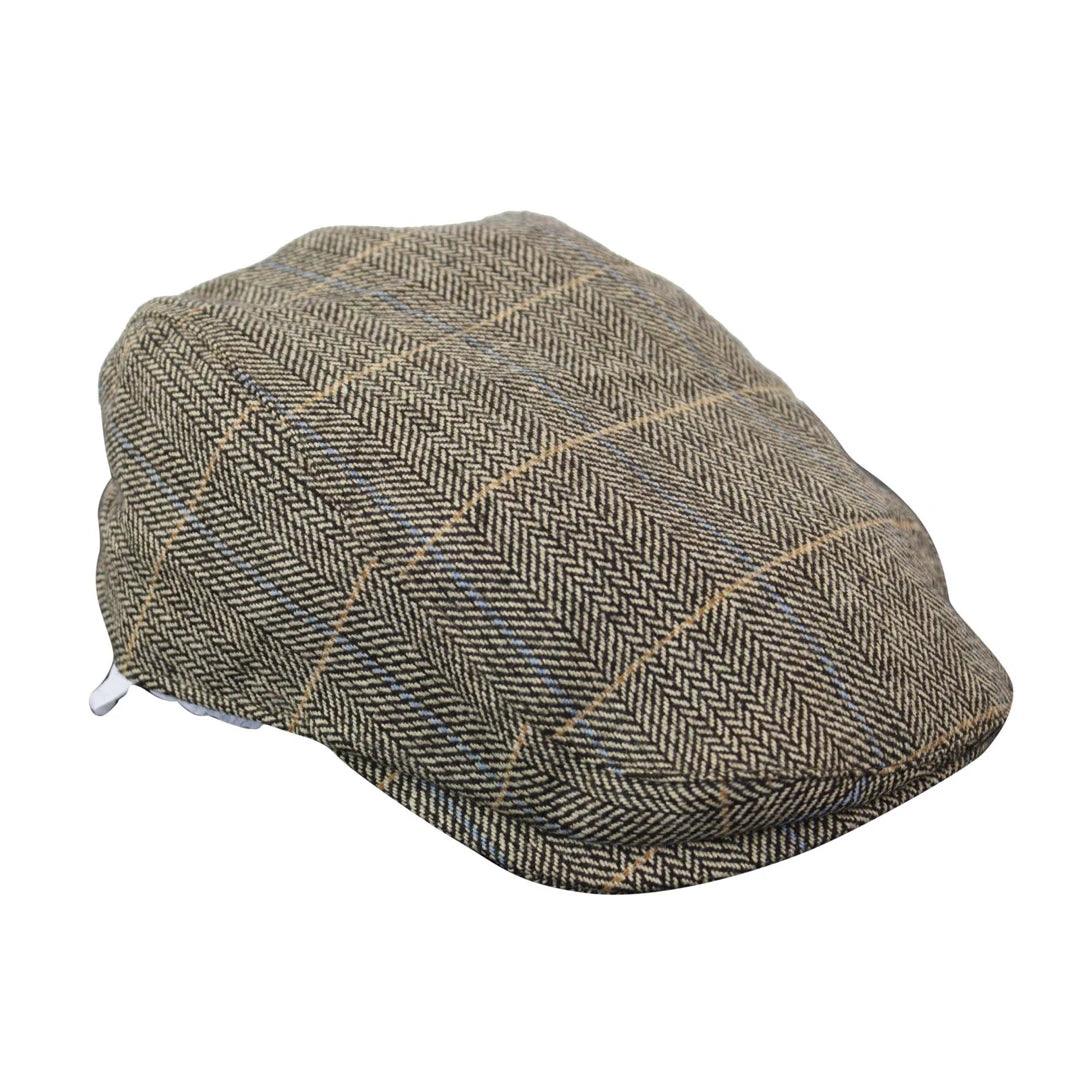 Mens Herringbone Tweed Wool Check Grandad Flat Caps Hats Vintage Green Grey Blue Brown - Knighthood Store