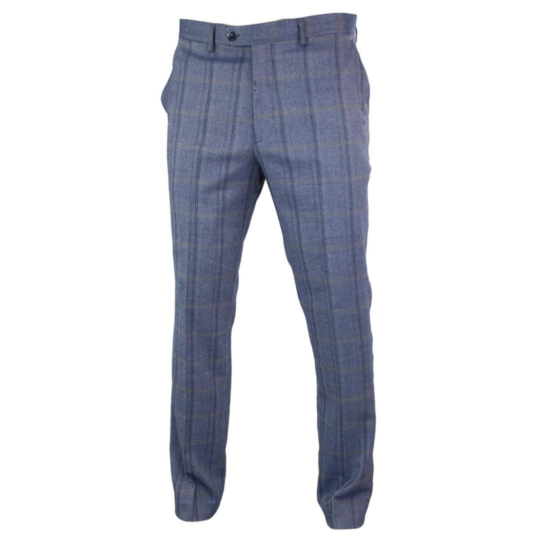 Mens Tweed Check Herringbone Blue Navy Tailored Fit Trousers Regular Length Blinders - Knighthood Store