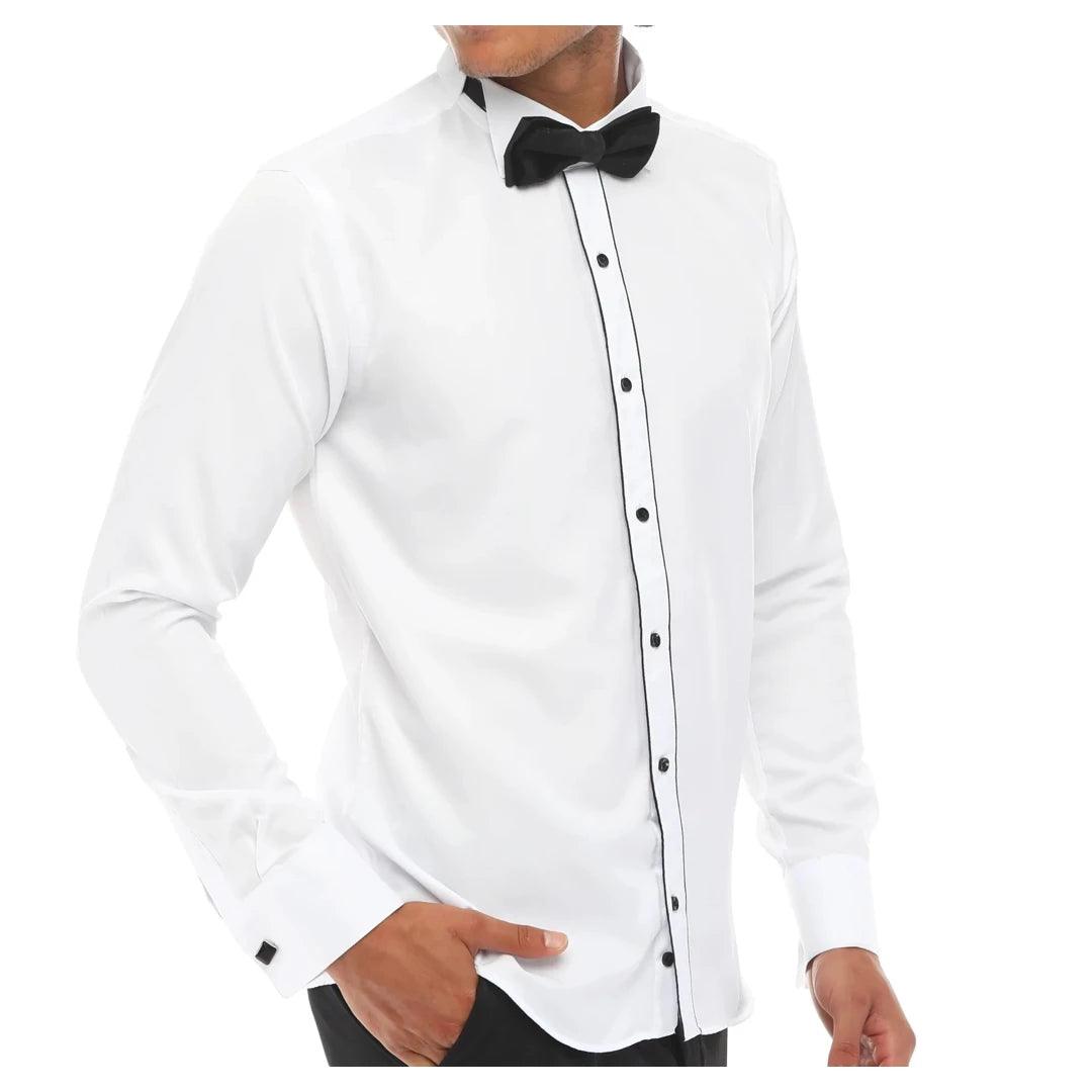 Mens Wing Collar Shirt Tuxedo White Black Piping Double Cuff Dinner Classic - Knighthood Store