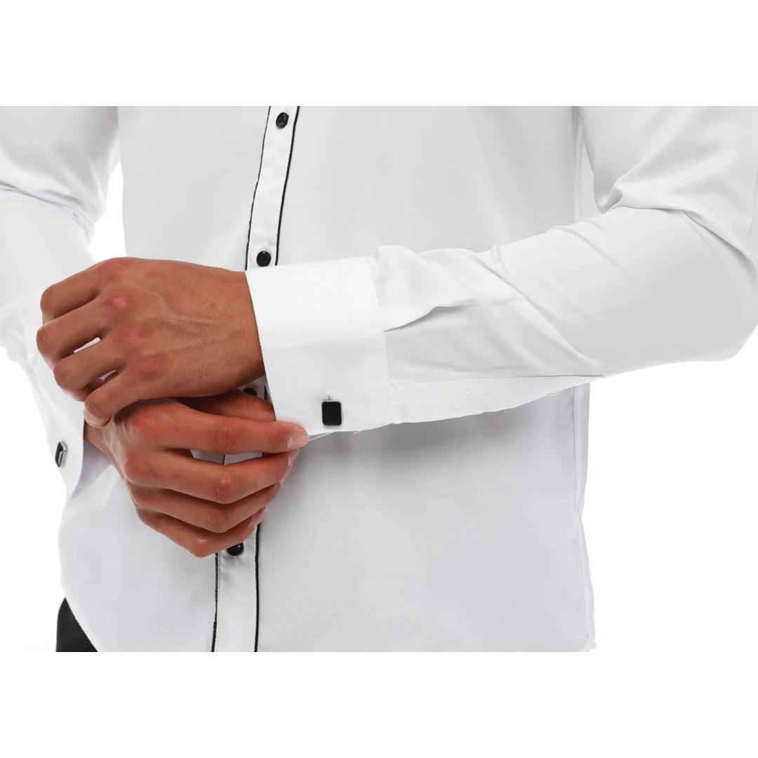 Mens Wing Collar Shirt Tuxedo White Black Piping Double Cuff Dinner Classic - Knighthood Store