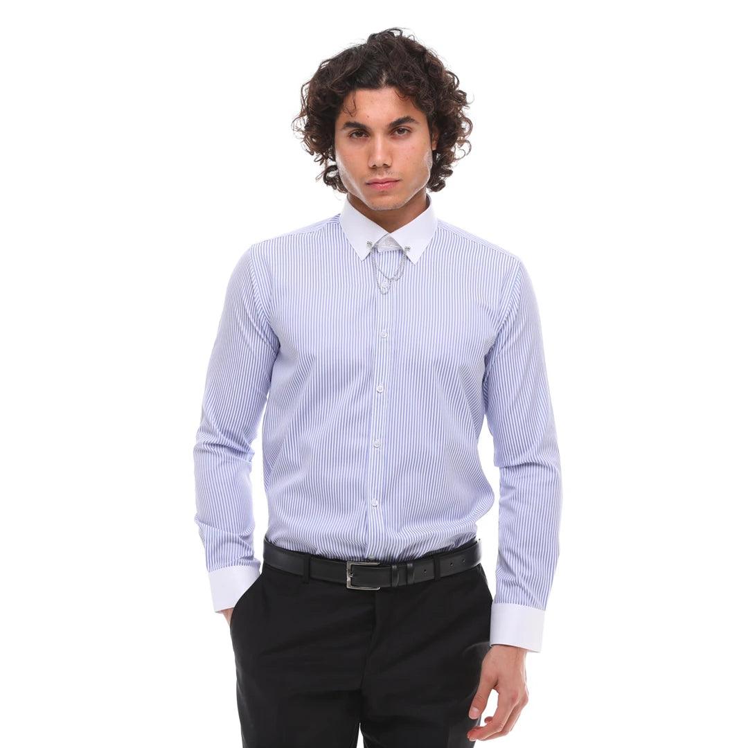 Mens Stripe Button Down Poplin Shirt With Bar & Chain Smart Formal Classic - Knighthood Store