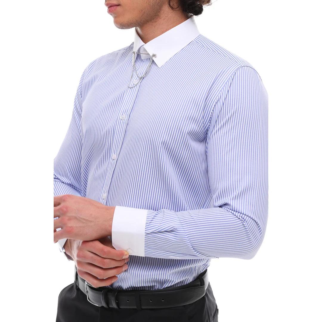 Mens Stripe Button Down Poplin Shirt With Bar & Chain Smart Formal Classic - Knighthood Store