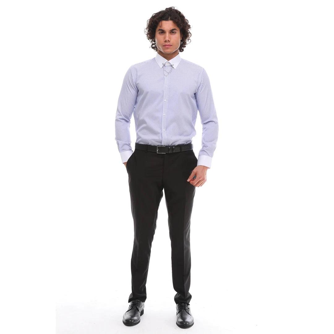 Mens Stripe Button Down Poplin Shirt With Bar & Chain Smart Formal Classic - Knighthood Store