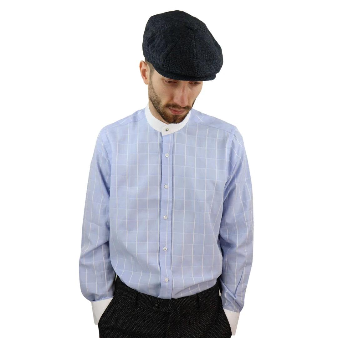 Mens Peaky Blinders Shirt Removable Collar Penny Button Check Nehru Collarless - Knighthood Store
