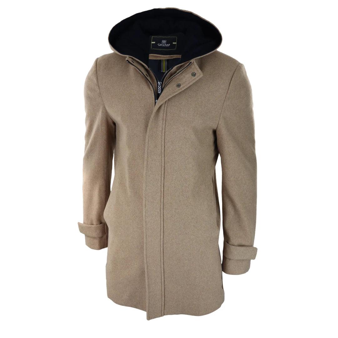 Mens 3/4 Long Overcoat Jacket Coat Removable Hood Smart Casual Winter Warm Wool - Knighthood Store