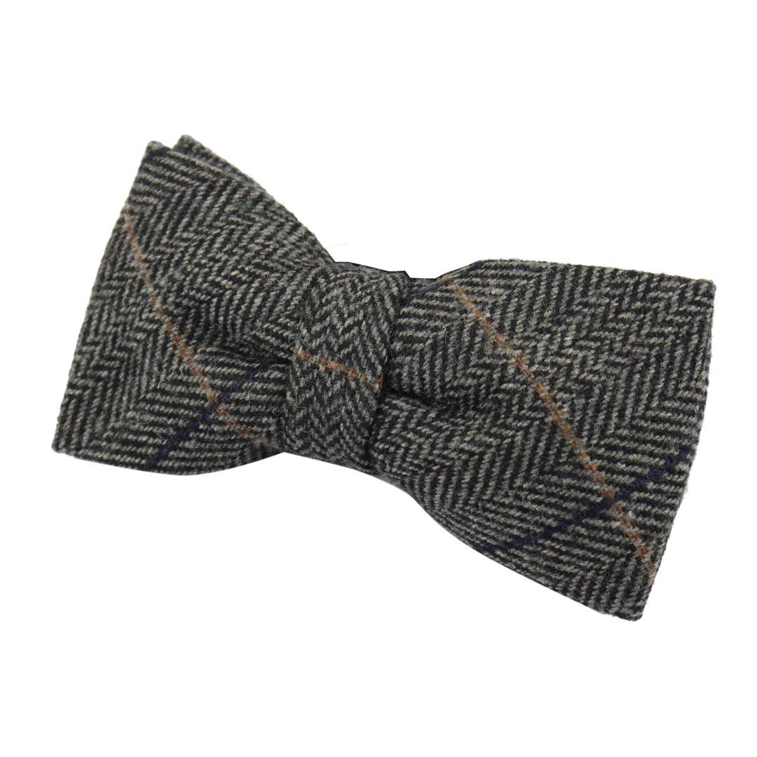 Mens Womens Boys Herringbone Tweed Bow Tie Check Tan Brown Grey Wool - Knighthood Store