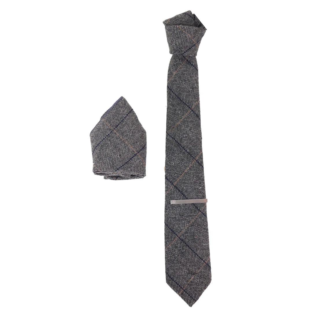 Mens Tie Cuff Links Hanky Classic Tweed Herringbone Check Grey Navy Vintage - Knighthood Store