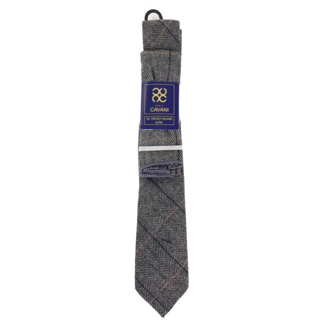 Mens Tie Cuff Links Hanky Classic Tweed Herringbone Check Grey Navy Vintage - Knighthood Store