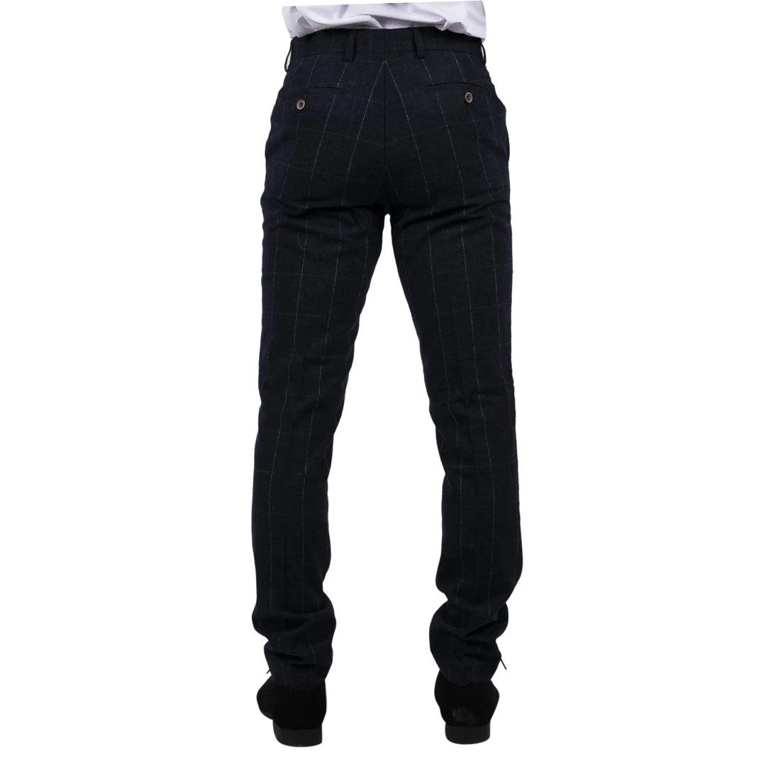 Mens Navy Check Trousers Wool Tweed Classic 1920s Vintage Tailored Fit Wedding - Knighthood Store