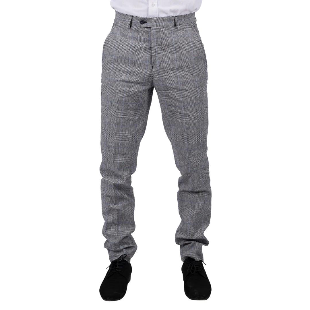 Mens Summer Trousers Grey Check Blue Black Tailored Fit Classic Wedding Formal - Knighthood Store