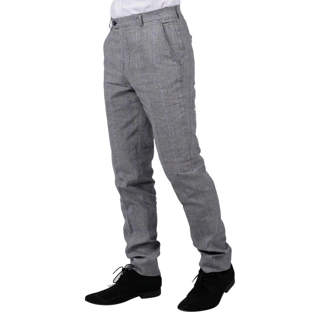 Mens Summer Trousers Grey Check Blue Black Tailored Fit Classic Wedding Formal - Knighthood Store