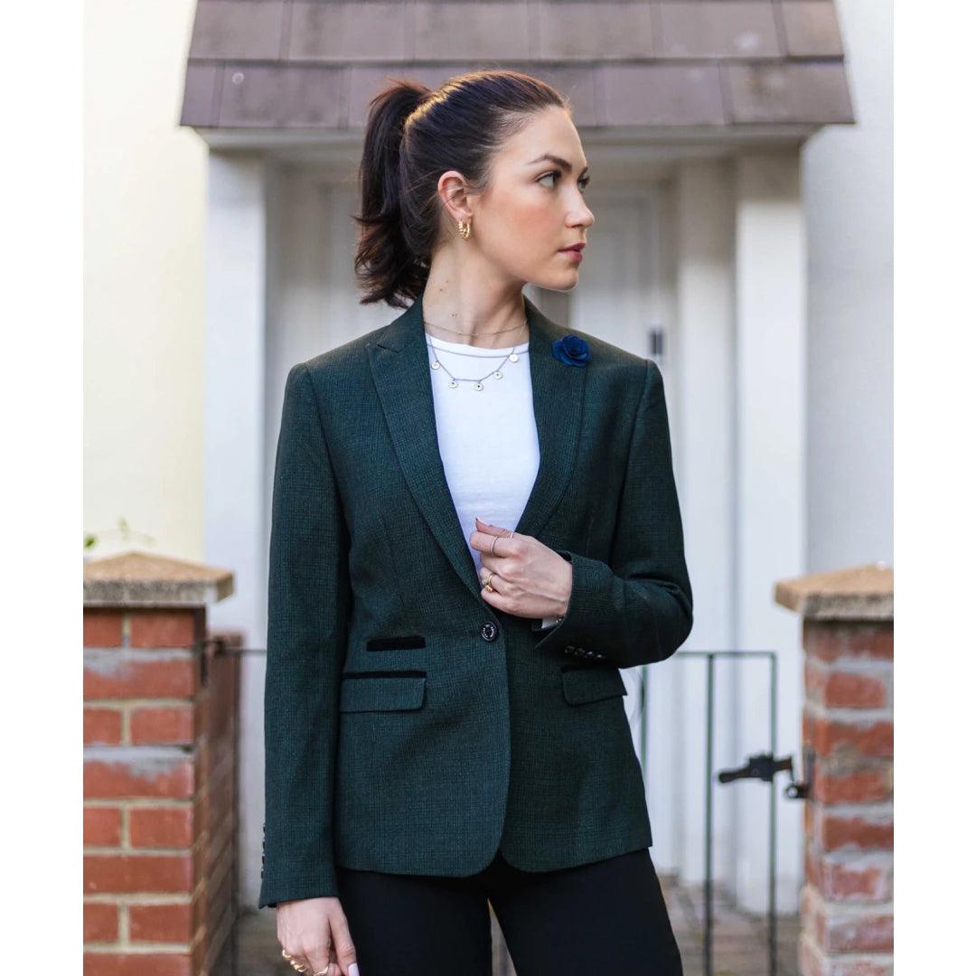 Ladies Tweed Green Check Blazer Wool Classic Hunting Jacket Vintage 1920s Retro - Knighthood Store
