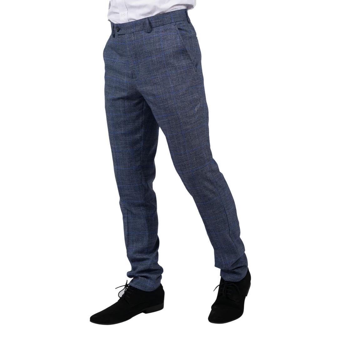 Mens Trousers Blue Prince Of Wales Check Tailored Fit Summer Classic Vintage - Knighthood Store