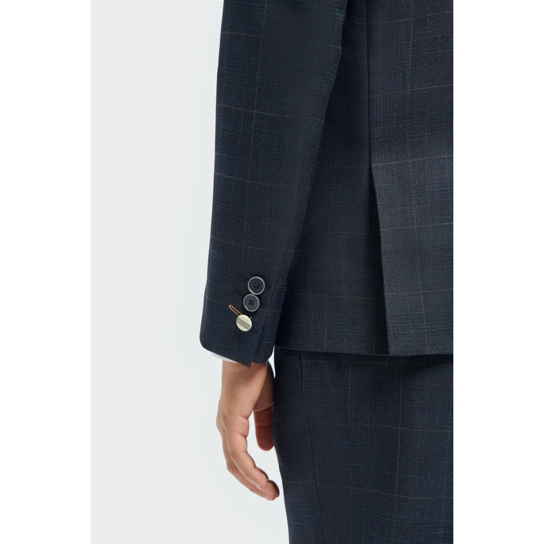 Boys Suit 3 Piece Tailored Fit Navy Check Formal Outfit