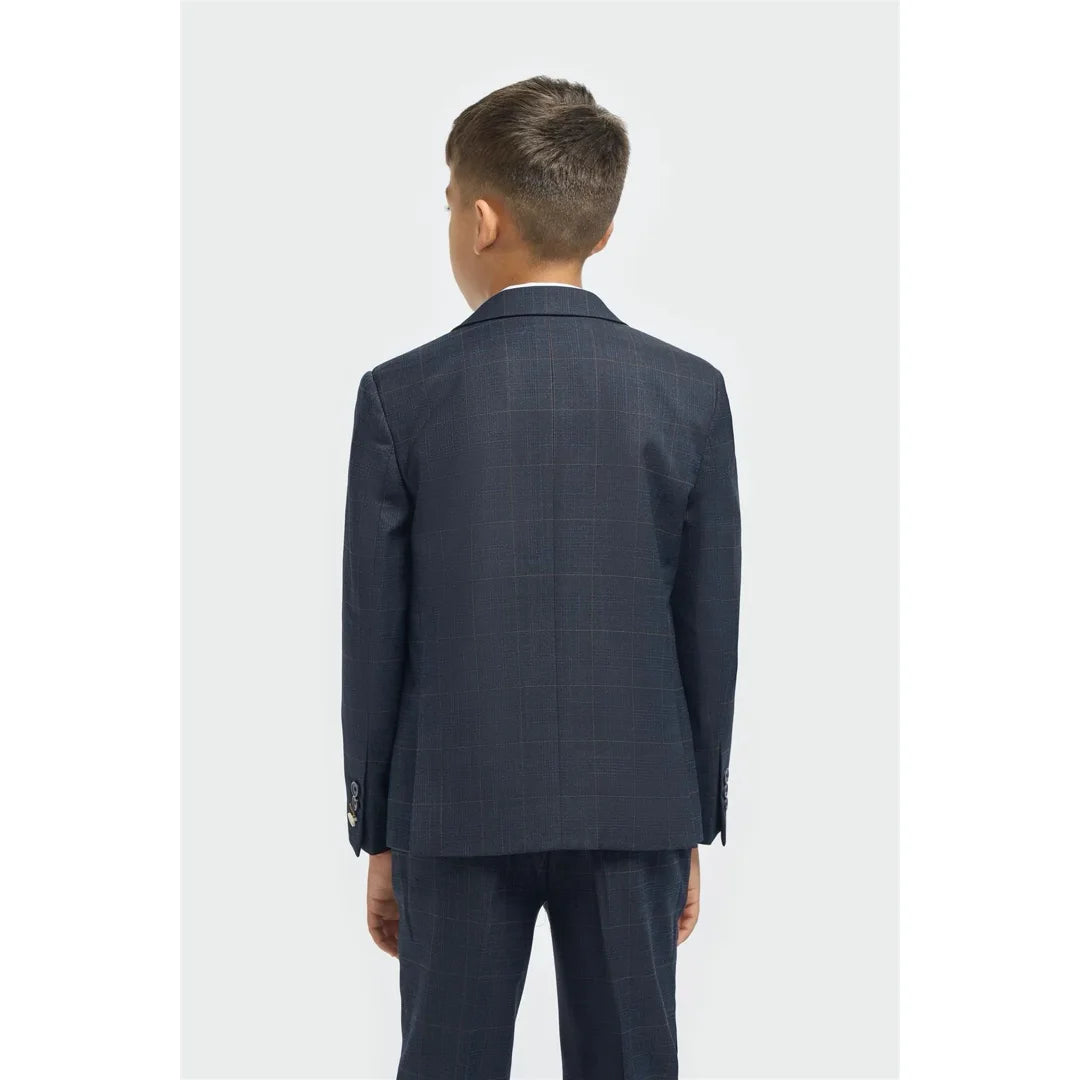 Boys Suit 3 Piece Tailored Fit Navy Check Formal Outfit