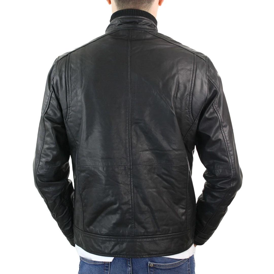 Mens Genuine Leather Zipped Vintage Black Smart Casual Jacket Short Coat Retro - Knighthood Store