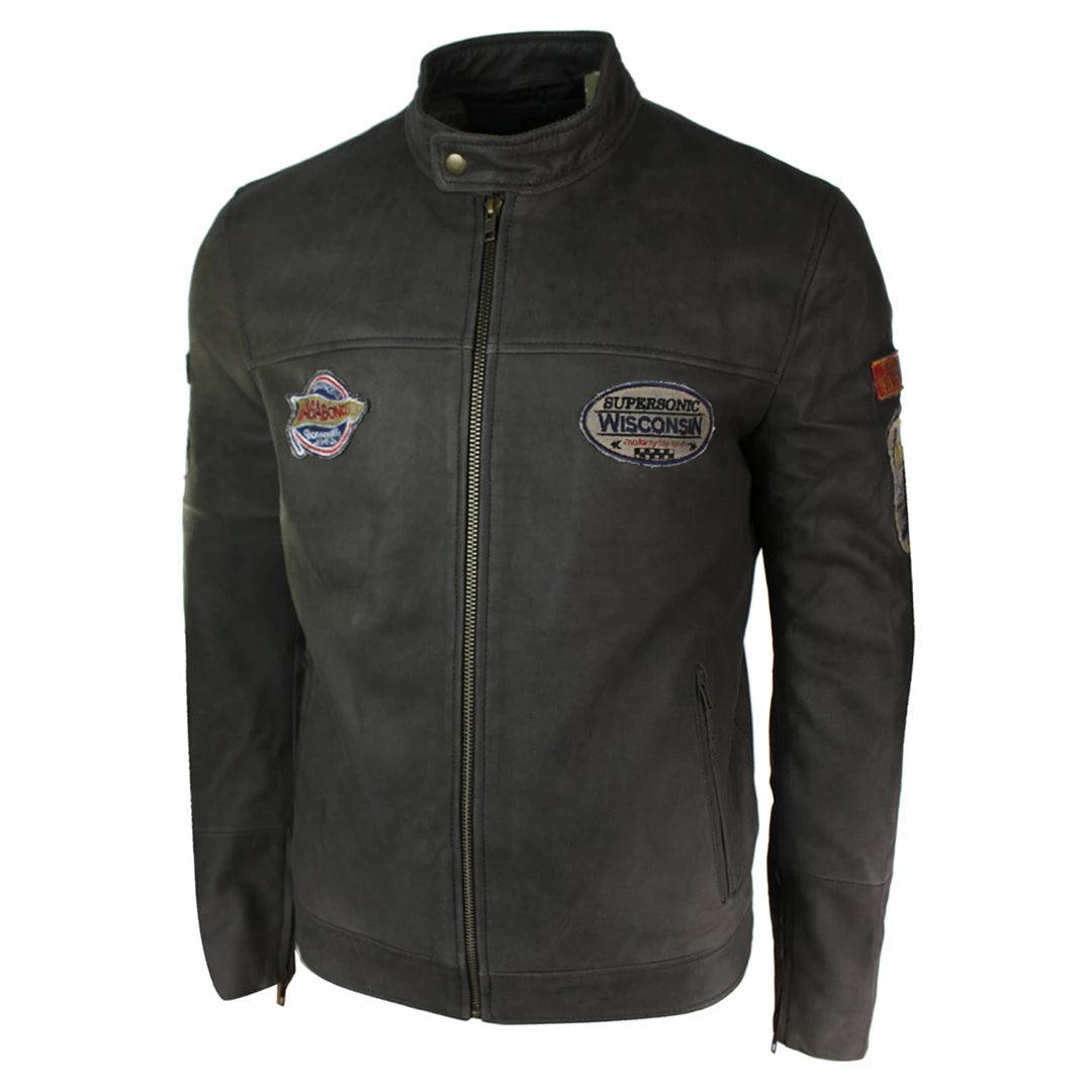 Mens Vintage Brown Leather Racer Badge Biker Jacket Washed Distressed Slim Fit - Knighthood Store