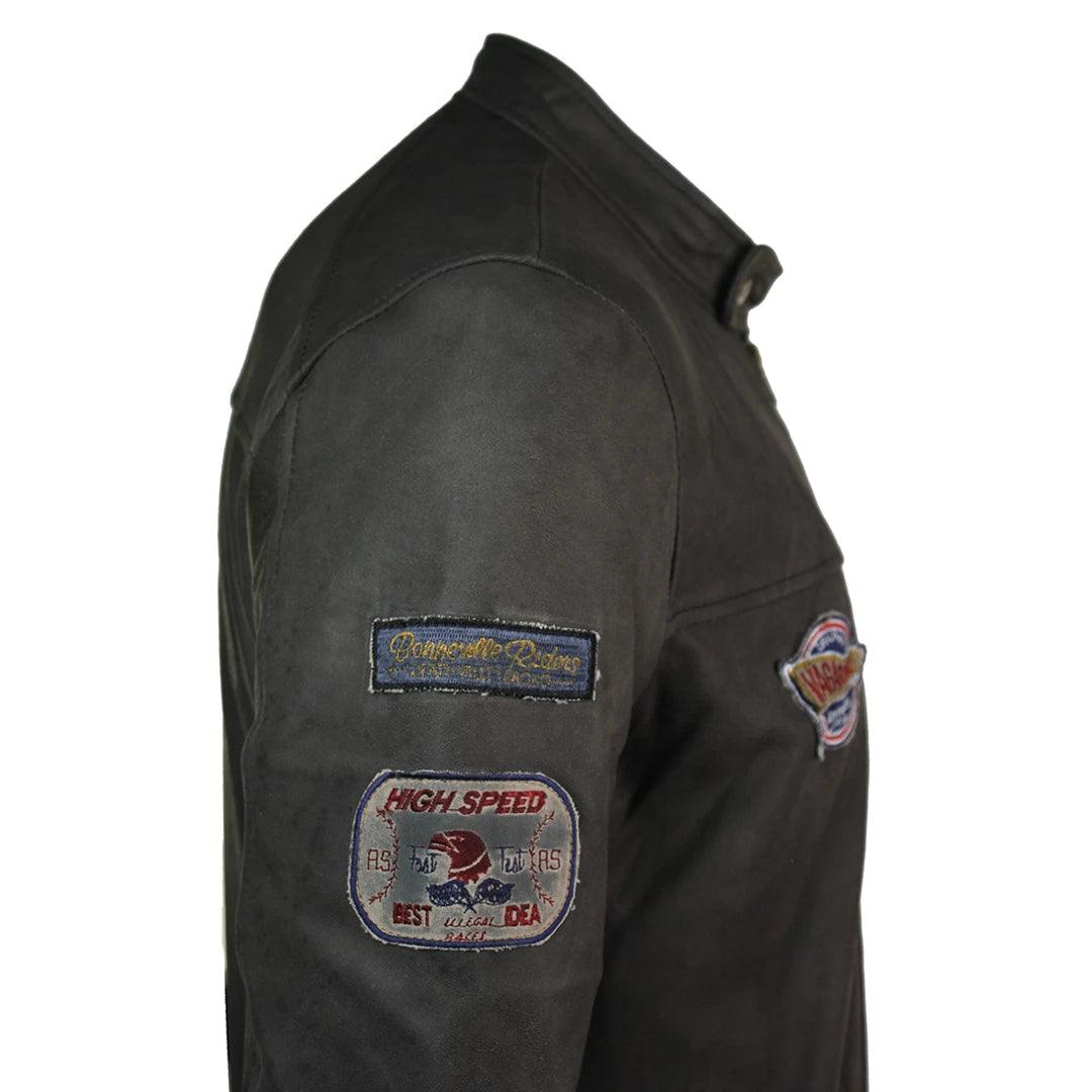 Mens Vintage Brown Leather Racer Badge Biker Jacket Washed Distressed Slim Fit - Knighthood Store