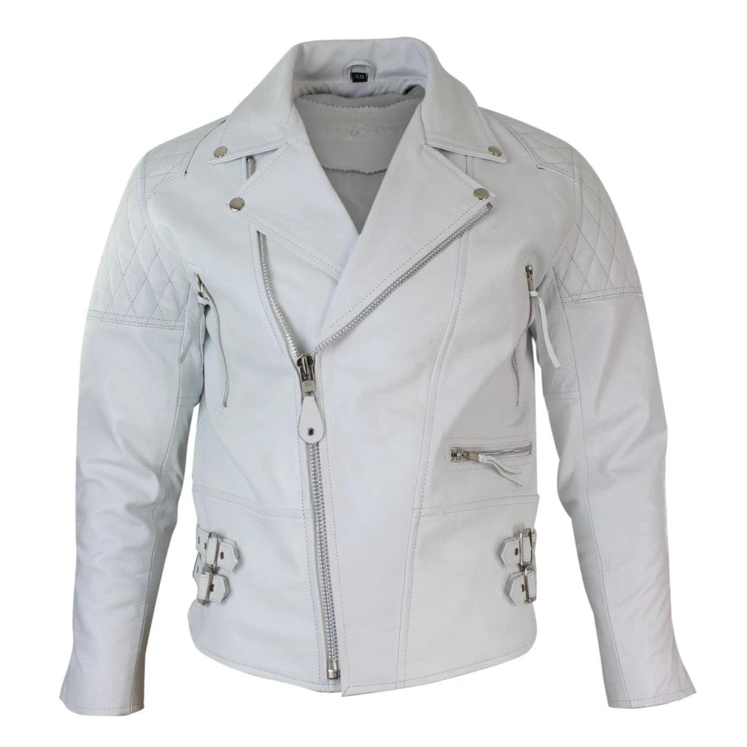 Mens Cross Zip Cow Hide Padded Biker Jacket White Black Brando Vintage - Knighthood Store