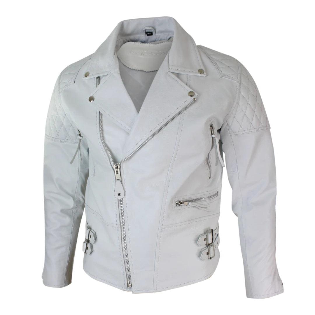 Mens Cross Zip Cow Hide Padded Biker Jacket White Black Brando Vintage - Knighthood Store