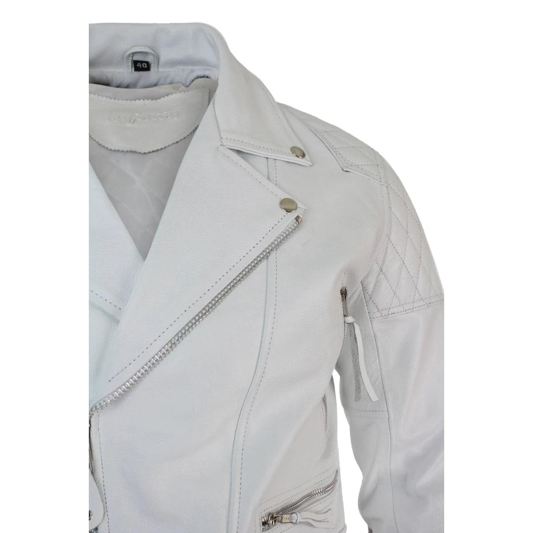 Mens Cross Zip Cow Hide Padded Biker Jacket White Black Brando Vintage - Knighthood Store