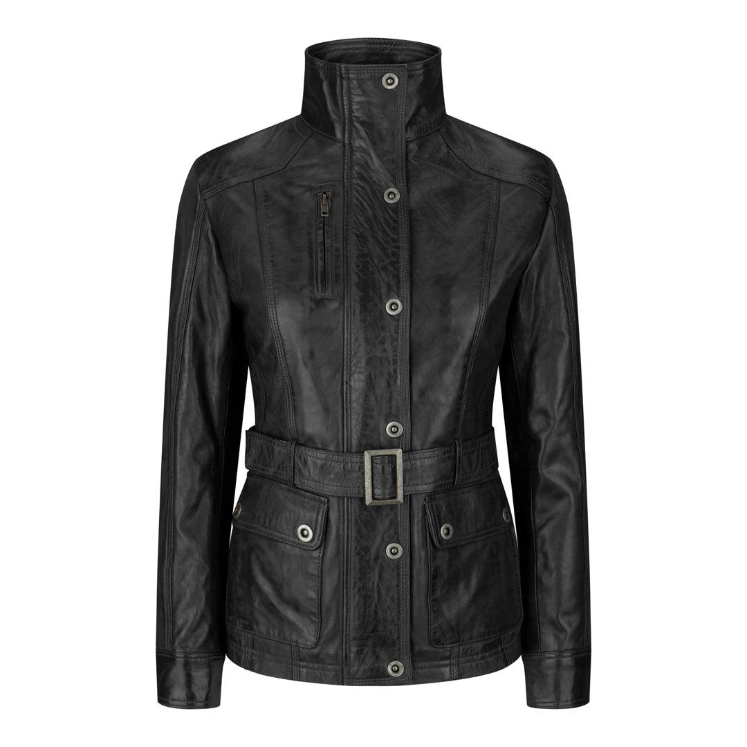 Ladies Women Real Leather Military Chinese Collar Slim Fit Black Jacket - Knighthood Store