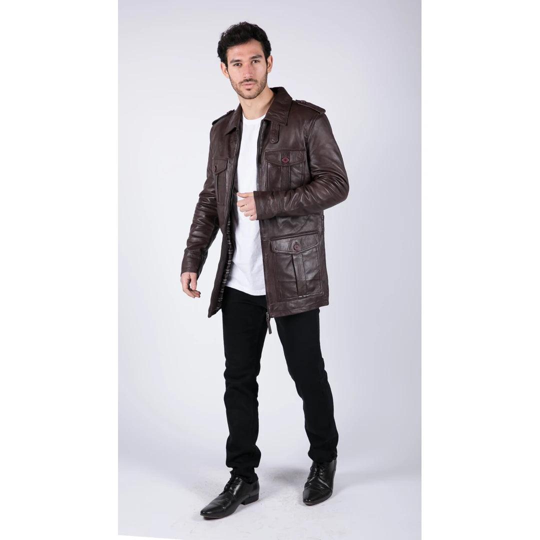 Mens Real Leather Safari Parka Coat Black Brown Tailored Fit Casual Jacket - Knighthood Store