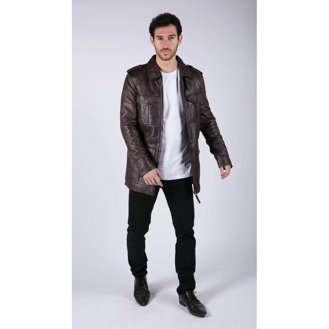 Mens Real Leather Safari Parka Coat Black Brown Tailored Fit Casual Jacket - Knighthood Store