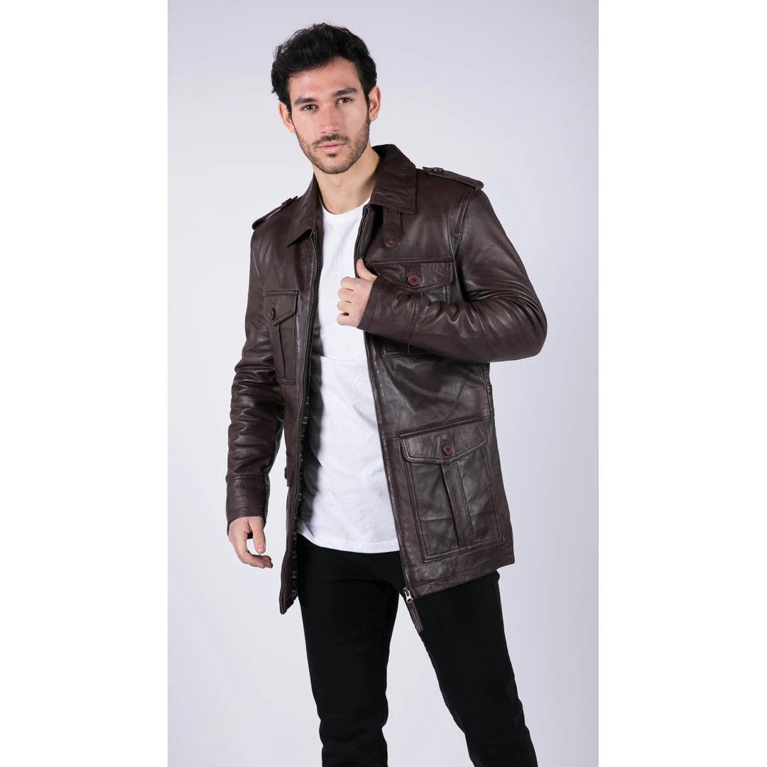 Mens Real Leather Safari Parka Coat Black Brown Tailored Fit Casual Jacket - Knighthood Store