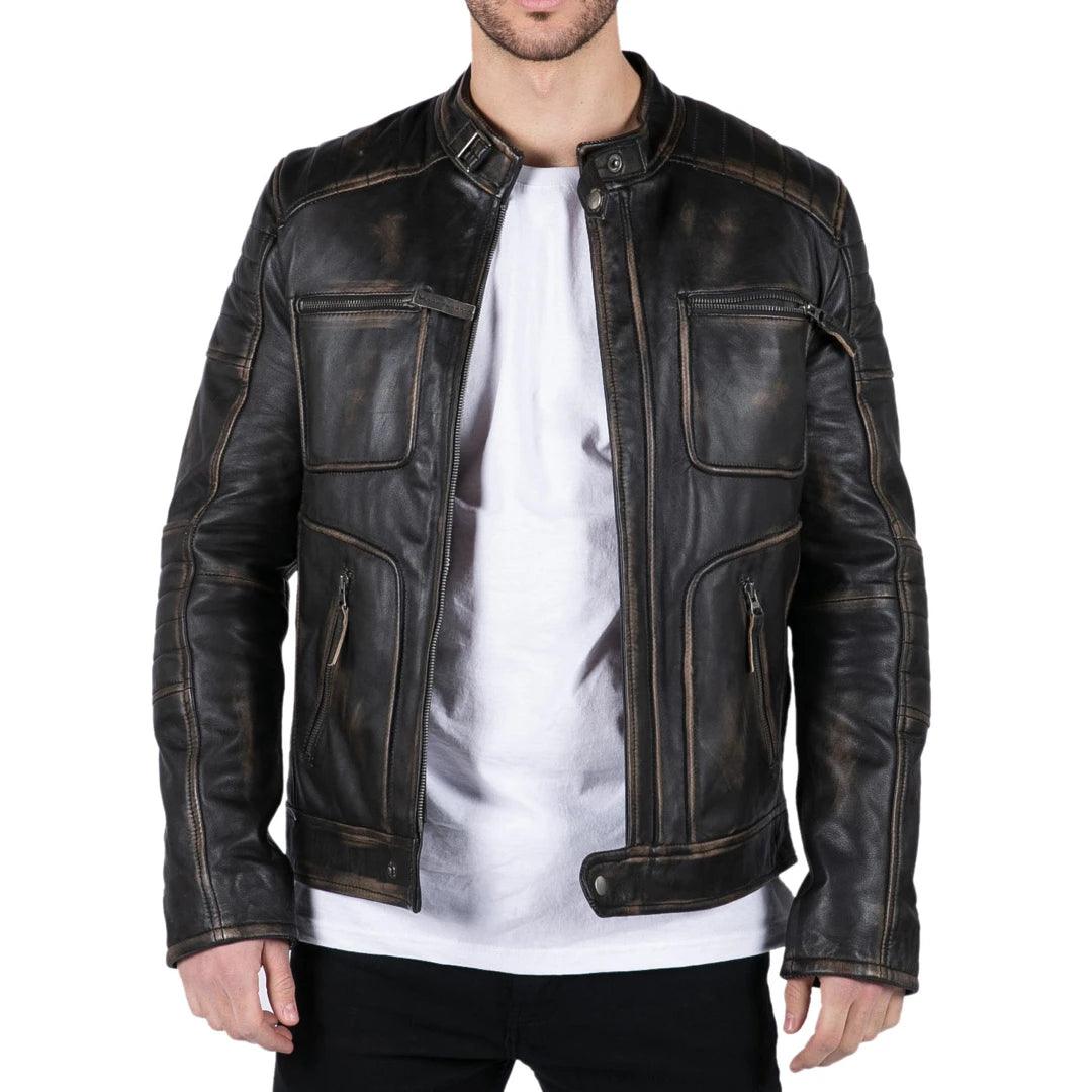 Mens Retro Real Leather Black Brown Washed Jacket Biker Style Zipped - Knighthood Store