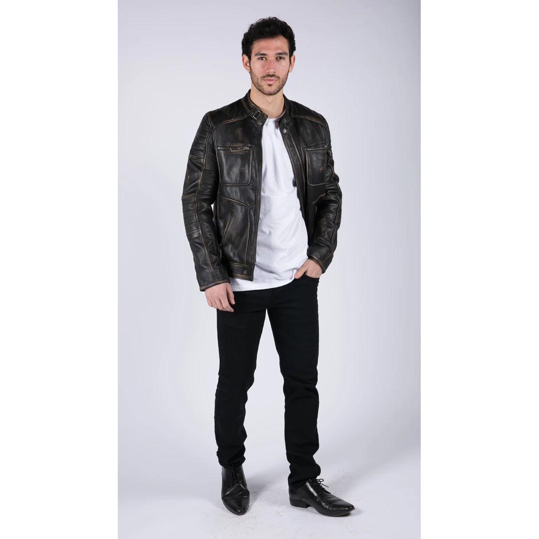 Mens Retro Real Leather Black Brown Washed Jacket Biker Style Zipped - Knighthood Store