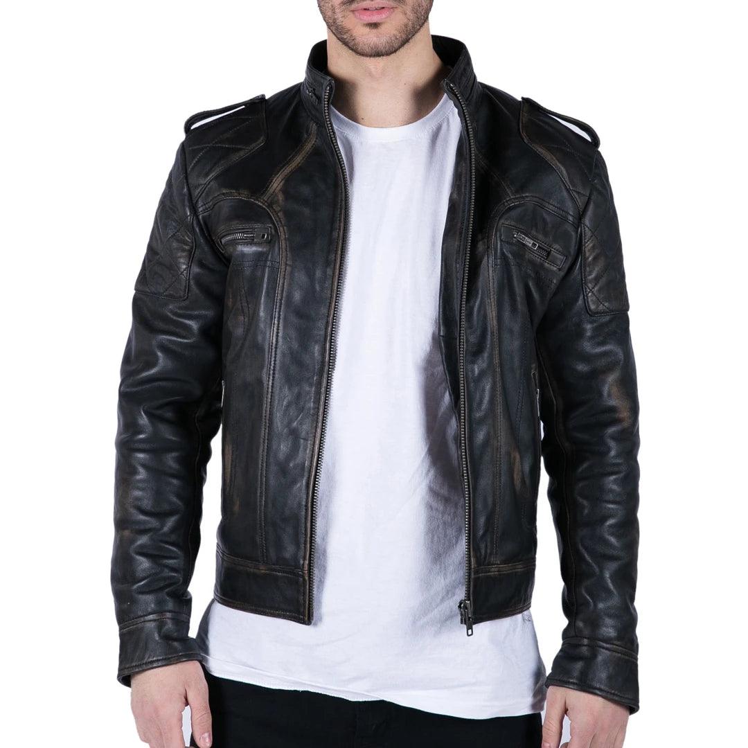 Mens Retro Real Leather Black Brown Washed Racer Jacket Biker Zipped Slim - Knighthood Store