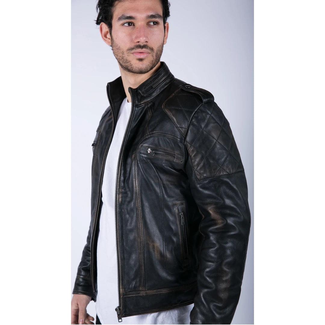 Mens Retro Real Leather Black Brown Washed Racer Jacket Biker Zipped Slim - Knighthood Store