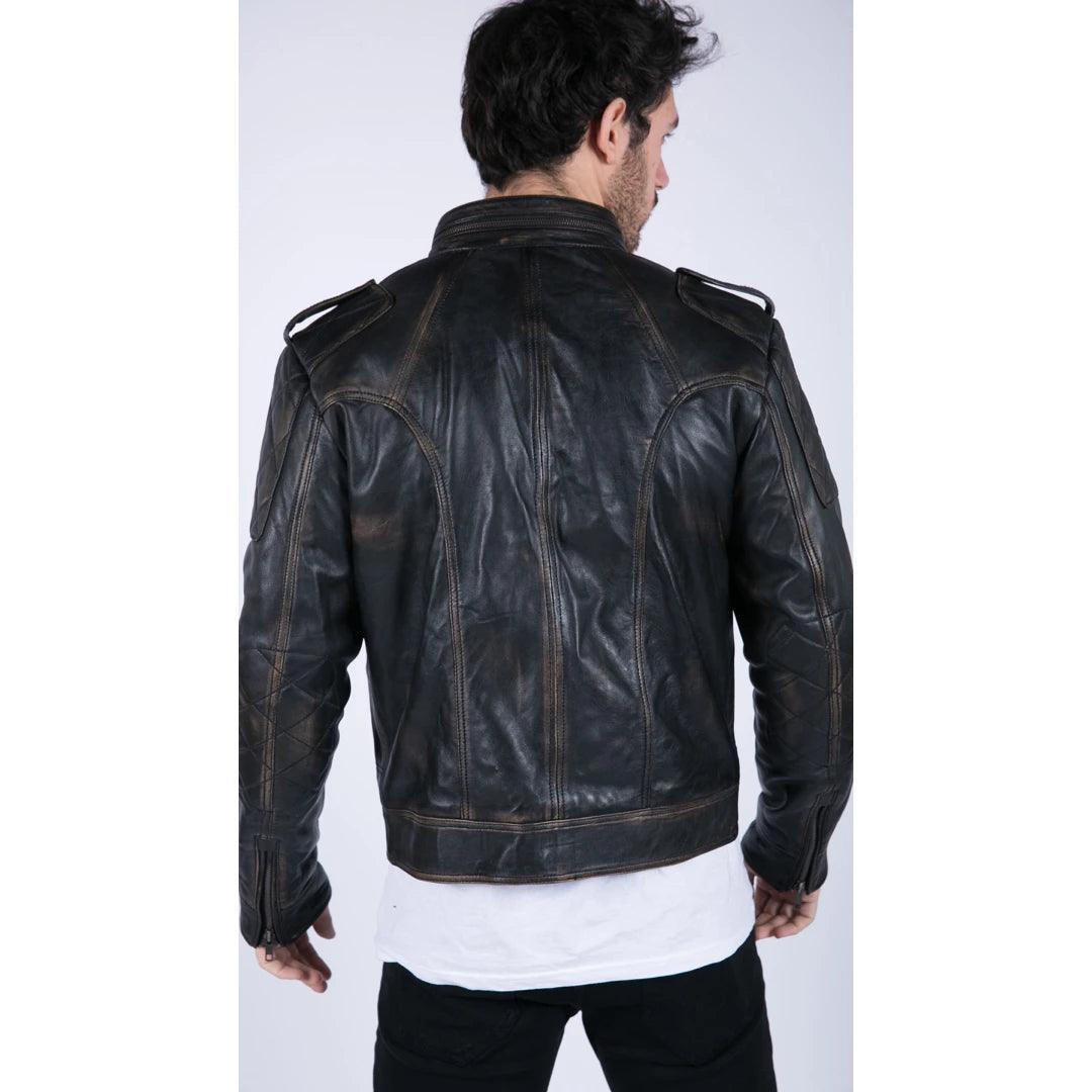 Mens Retro Real Leather Black Brown Washed Racer Jacket Biker Zipped Slim - Knighthood Store