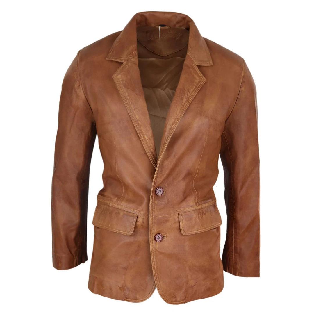 Mens Regular Fit Classic Real Leather 2 Button Tan Brown Blazer Jacket Vintage - Knighthood Store