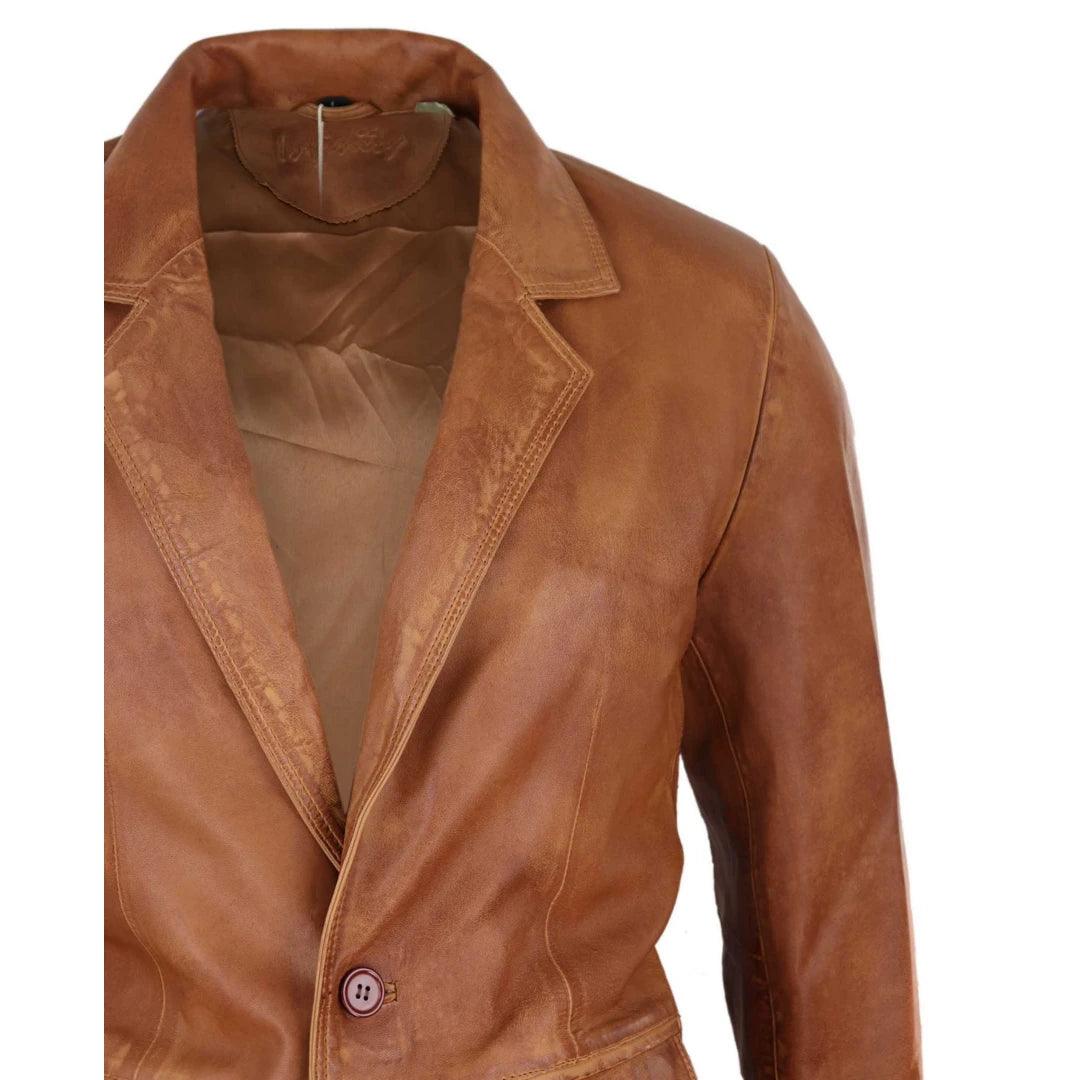 Mens Regular Fit Classic Real Leather 2 Button Tan Brown Blazer Jacket Vintage - Knighthood Store