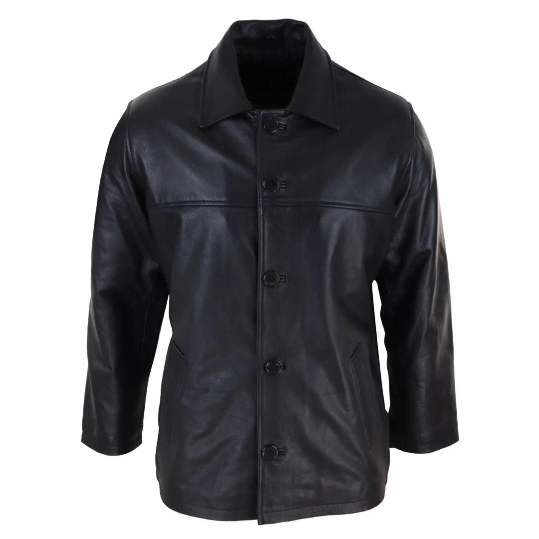 Mens Casual Real Leather Jacket Button Box Black Brown Mid Length Classic Coat - Knighthood Store