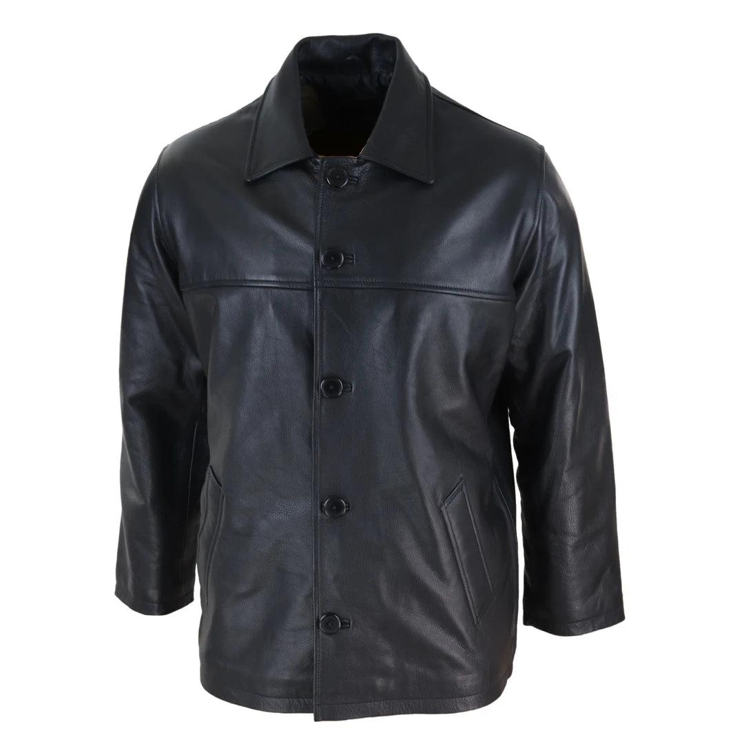 Mens Casual Real Leather Jacket Button Box Black Brown Mid Length Classic Coat - Knighthood Store