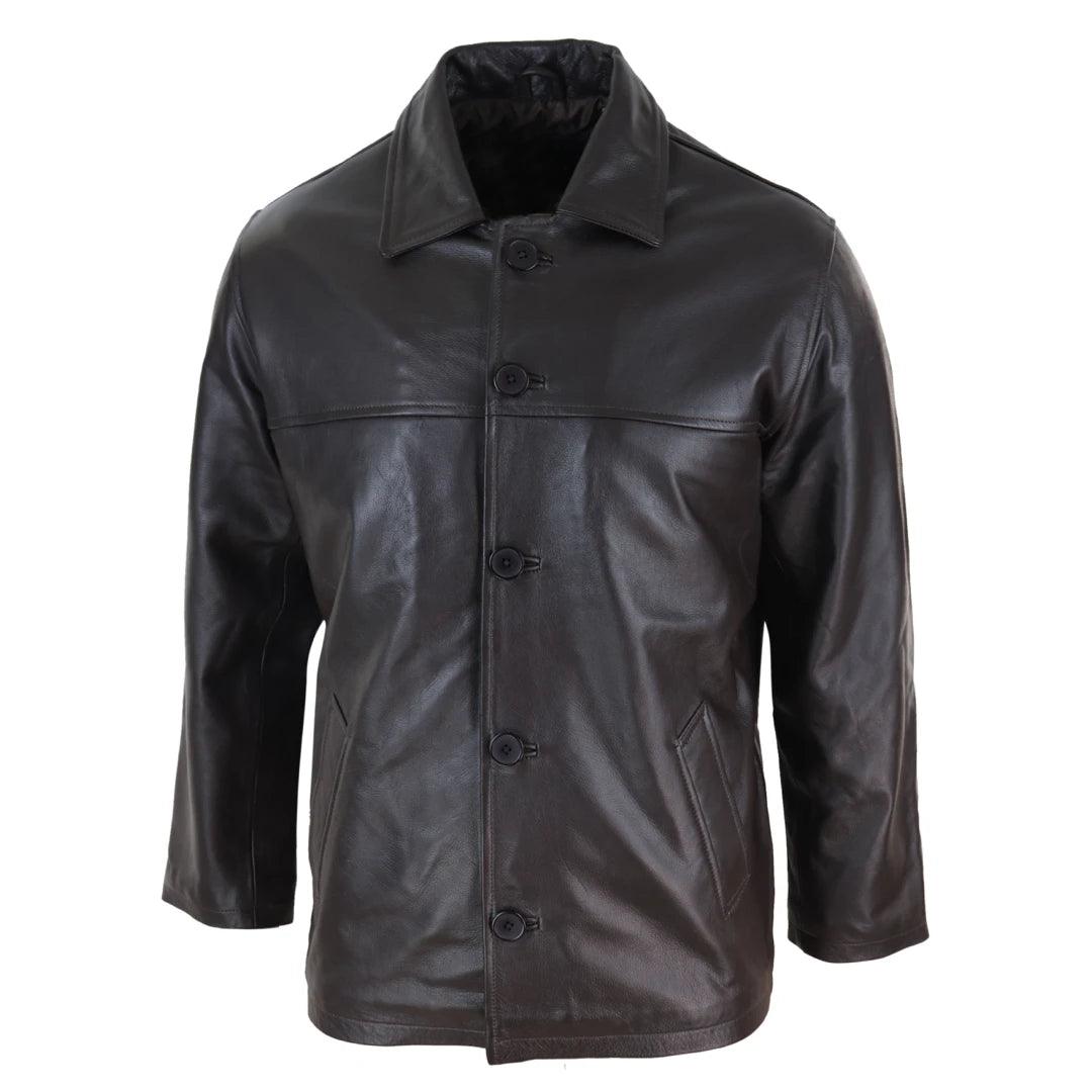 Mens Casual Real Leather Jacket Button Box Black Brown Mid Length Classic Coat - Knighthood Store