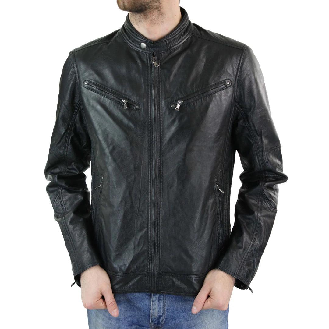 Mens Zipped Real Leather Biker Jacket Smart Casual Black Tan Brown Tailored Fit Vintage - Knighthood Store