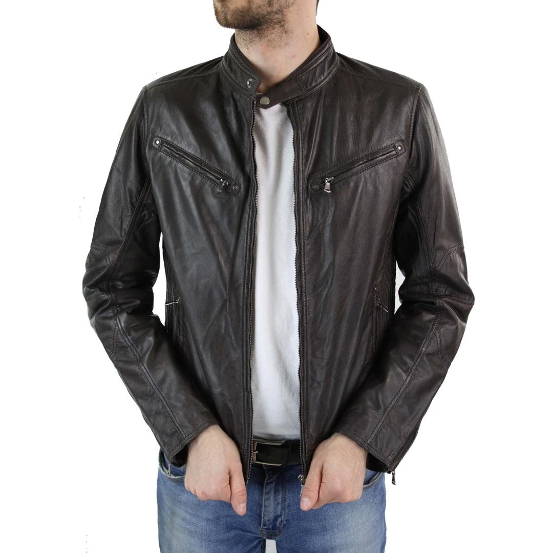 Mens Zipped Real Leather Biker Jacket Smart Casual Black Tan Brown Tailored Fit Vintage - Knighthood Store
