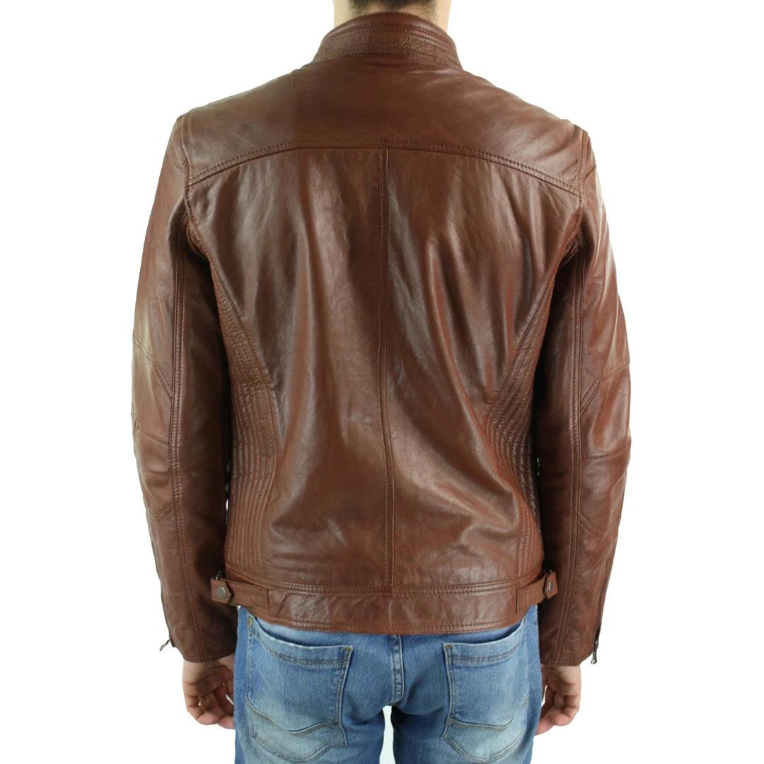 Mens Zipped Real Leather Biker Jacket Smart Casual Black Tan Brown Tailored Fit Vintage - Knighthood Store