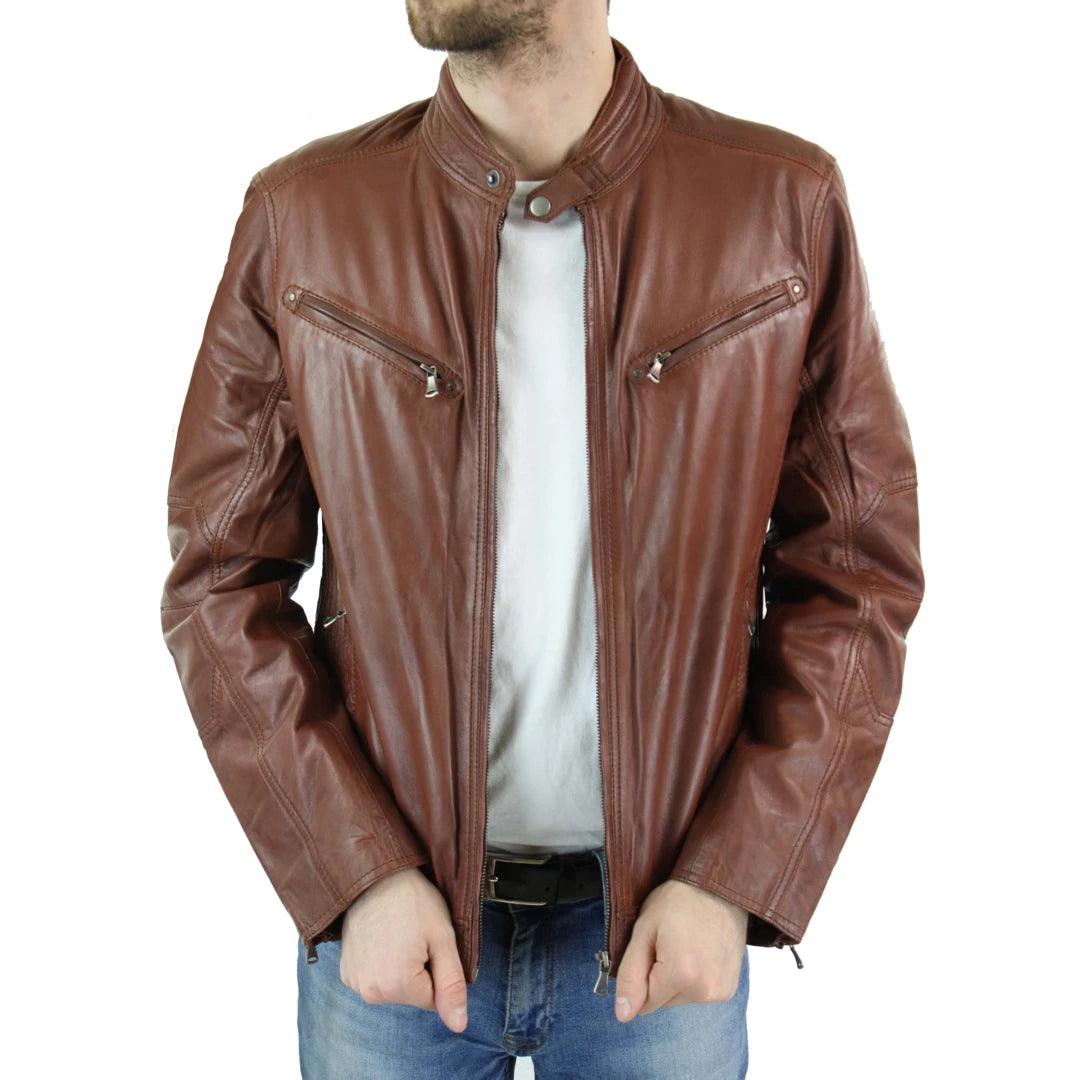 Mens Zipped Real Leather Biker Jacket Smart Casual Black Tan Brown Tailored Fit Vintage - Knighthood Store