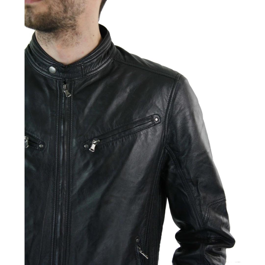 Mens Zipped Real Leather Biker Jacket Smart Casual Black Tan Brown Tailored Fit Vintage - Knighthood Store