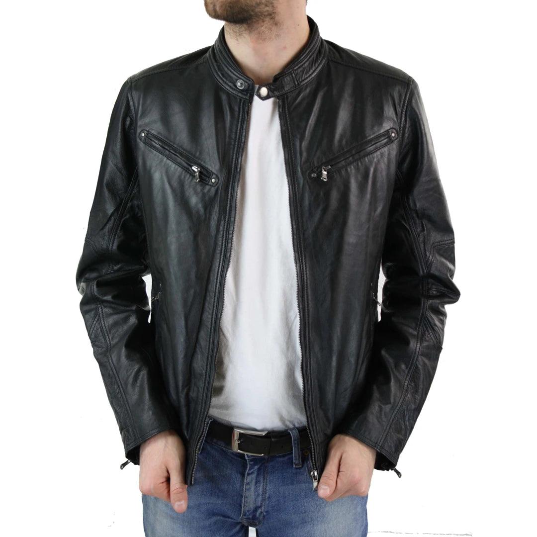 Mens Zipped Real Leather Biker Jacket Smart Casual Black Tan Brown Tailored Fit Vintage - Knighthood Store