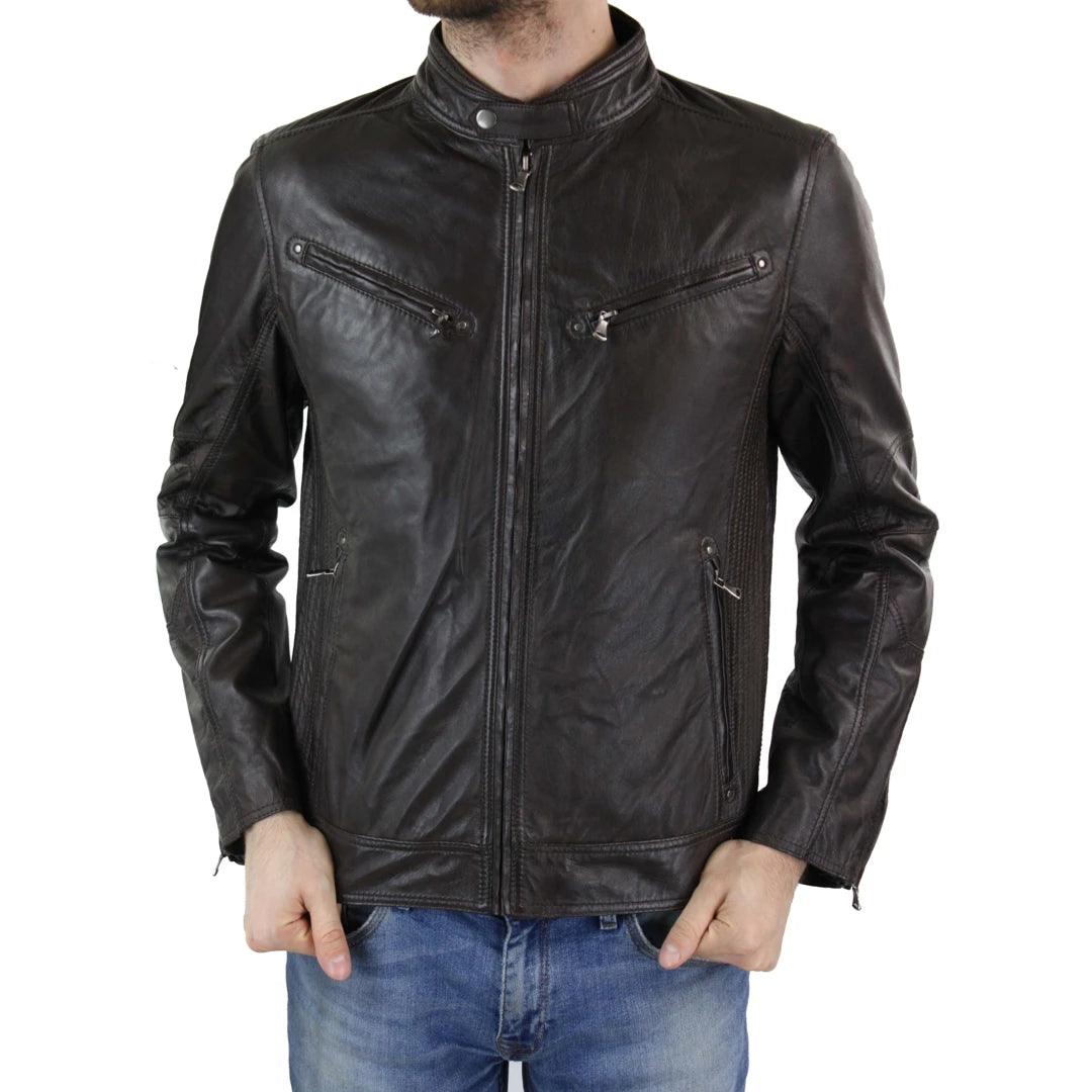 Mens Zipped Real Leather Biker Jacket Smart Casual Black Tan Brown Tailored Fit Vintage - Knighthood Store