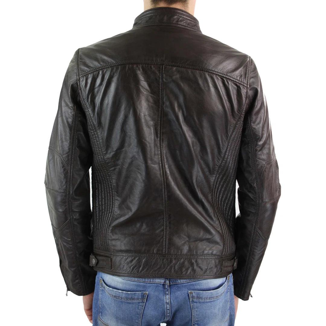 Mens Zipped Real Leather Biker Jacket Smart Casual Black Tan Brown Tailored Fit Vintage - Knighthood Store